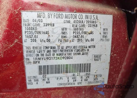 2003 Ford Escape Xlt from USA, damaged, VIN 1FMYU93173KD92804